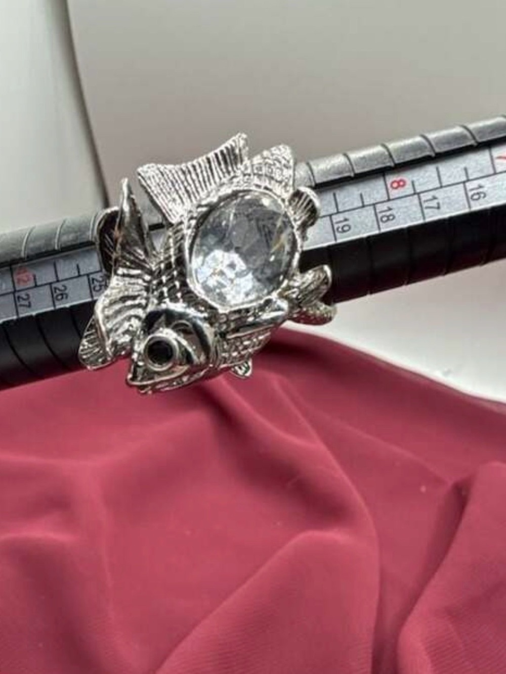 Silver Tone Koi Fish Statement Ring with Clear Rhinestone